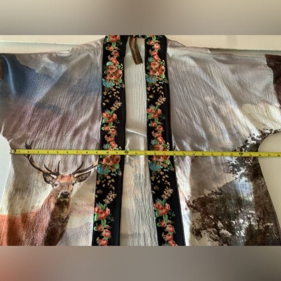 Aratta Silent Journey Bohemian Deer Graphic, Print, Long Kimono Duster XS - Picture 7 of 12